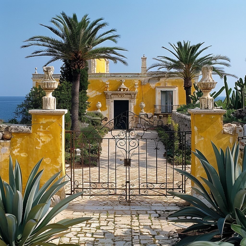 A sunlit yellow Mediterranean villa with palm trees, viewed through a wrought iron gate, set against a coastal backdrop.